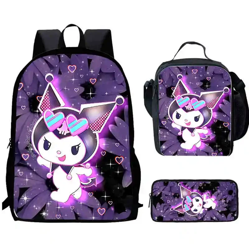 Cartoon Kuromi Child School Backpack With Lunch Bags Pencil Bags For Kindergarten,Light Weight School Bags For Boys Girls