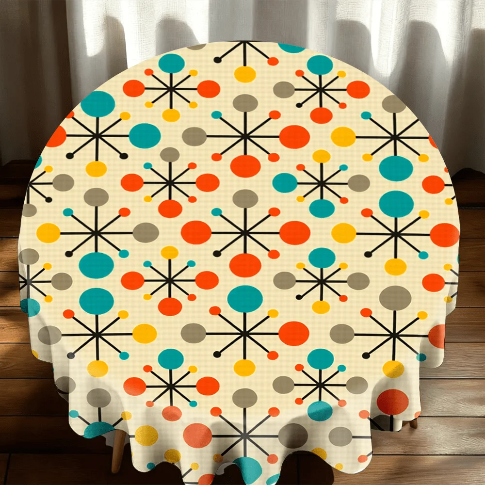 1 round tablecloth, vintage decorative polyester tablecloth, beige bottom with fine plaid, mid-ntury modern design