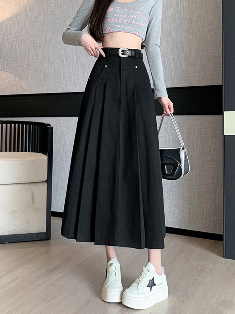 Faionable High Waist A-Line Midi Skirt Women's Spring 2026 Casual Sle Leather Fabric Gored Skirt Ele Slimming Design