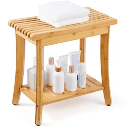 SucceBuy Bamboo Shower Bench 19.1x11.3x18.3 in Waterproof Shower Stool Chair with Storage Shelf 330lbs Load Capacity Spa Seat