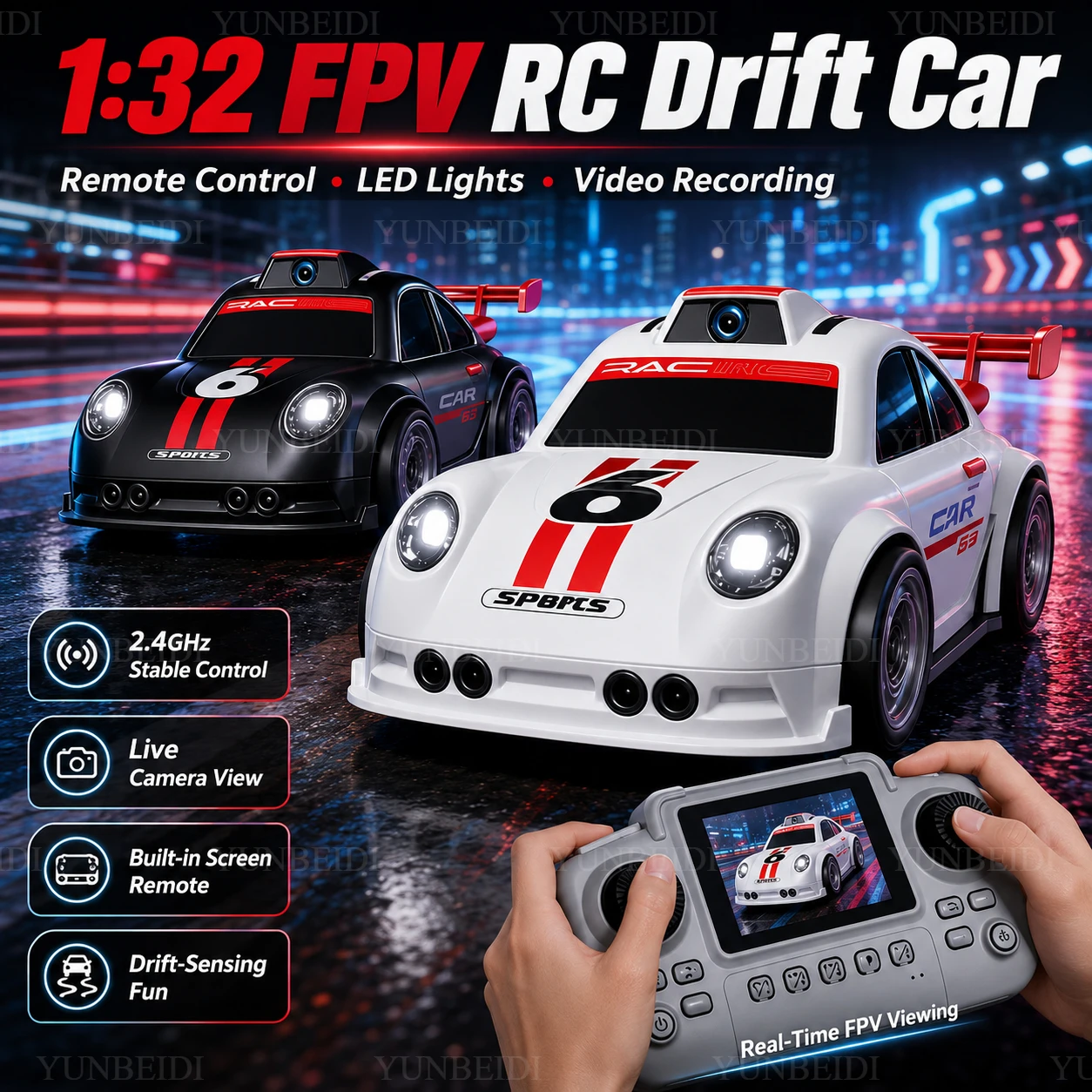 Voiture RC 1:32 C6 avec détection de dérive, caméra HD, mode démonstration et fuite, haute vitesse, télécommande 2,4 GHz, jouet de course pour enfants