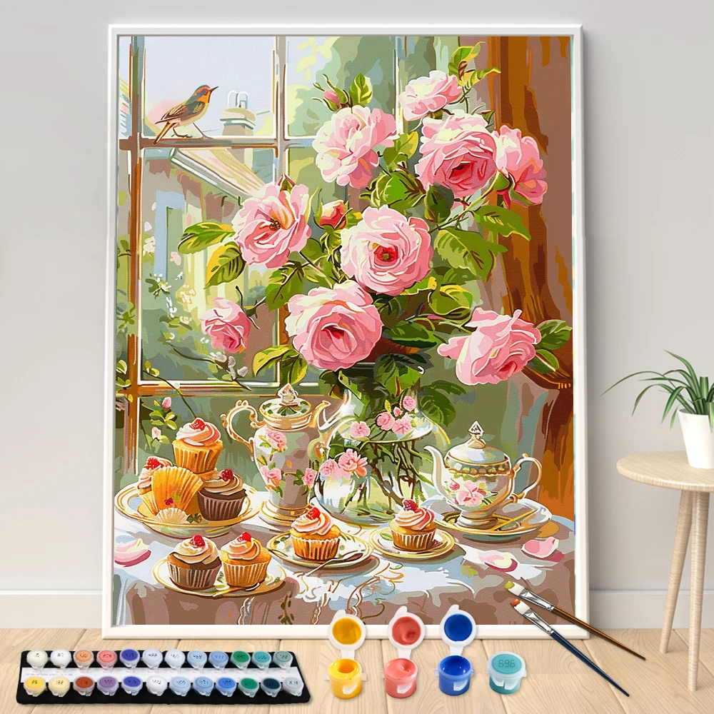 Hand Painted Pink Flowers On Windowsill Landscape Acrylic Painting by Numbers DIY Canvas Art Home Decoration Surprise Gift Kit