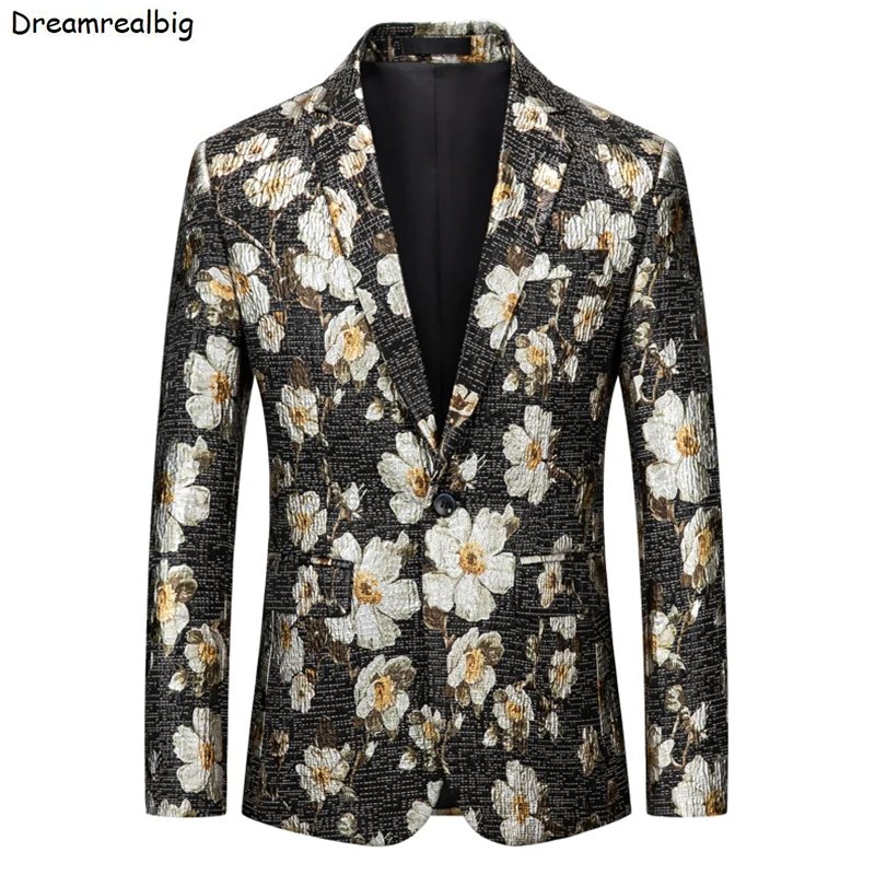 

White Floral Men Suit Jacket Notched Lapel Single Button Flowers Printed Mens Smart Casual Blazers Luxury Banquet Dress Coat