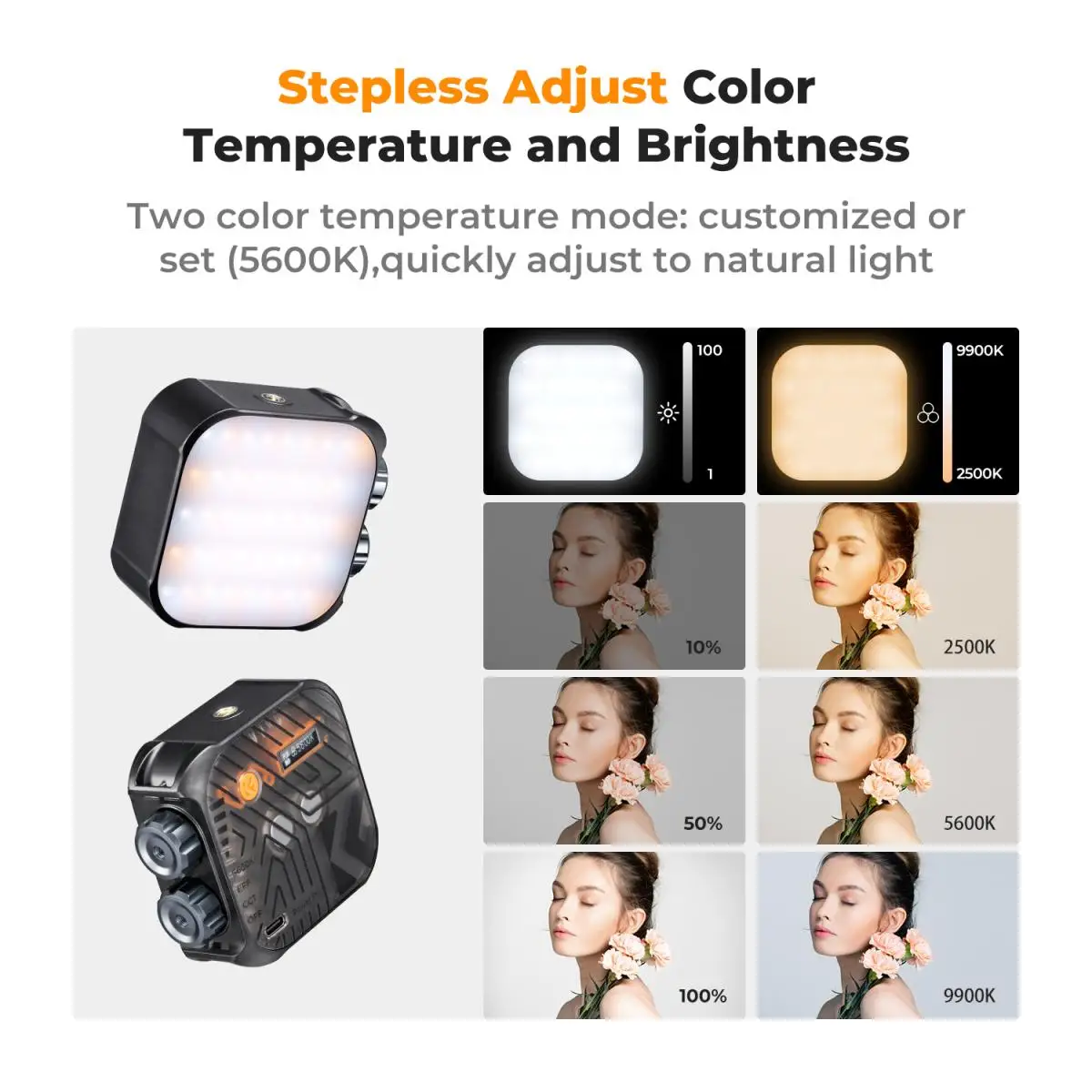 K&F Concept Bi-Color Video Light 2500K-9900K Adjustable Temperature Photography Light 40 LED Bulbs 2000mAh Portable Light