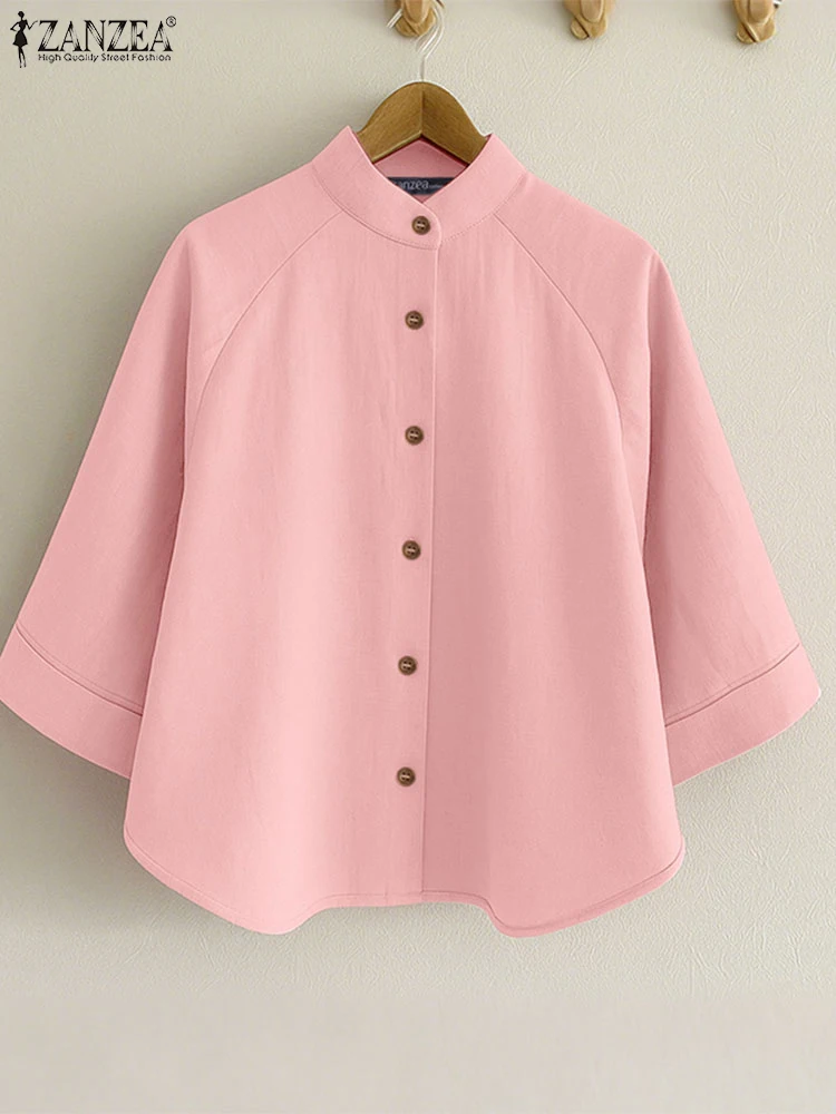 

Women Shirts ZANZEA 2025 Autumn Solid Work Shirt Elegant Stand Neck 3/4 Sleeve Blouse Casual Buttons Up Blusas Mujer Female Tops