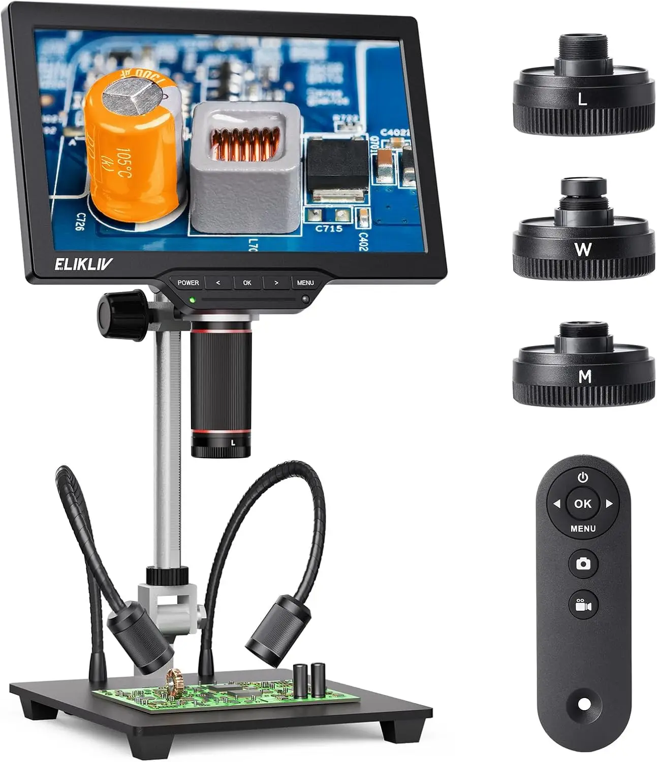 Elikliv 3 Lens HDMI Digital Microscope 4K 10'' Display 2000X Electronics Soldering Microscopio TL301 Magnetic Coin Microscope Magnifier Full Coin View