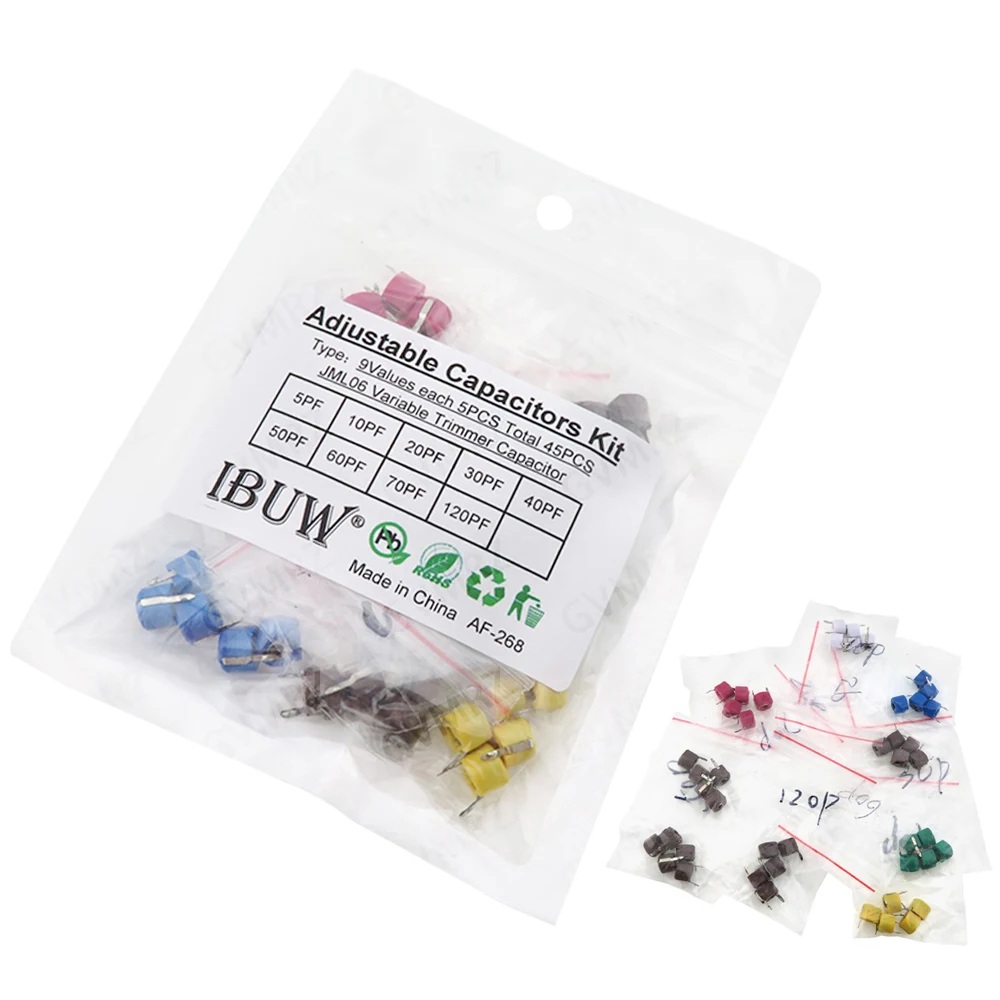 45PCS 9Values JML06 Adjustable Trimmer Capacitor Kit (5PF-120PF) for RF Circuit Tuning & Oscillator Electronic DIY Projects 10PF