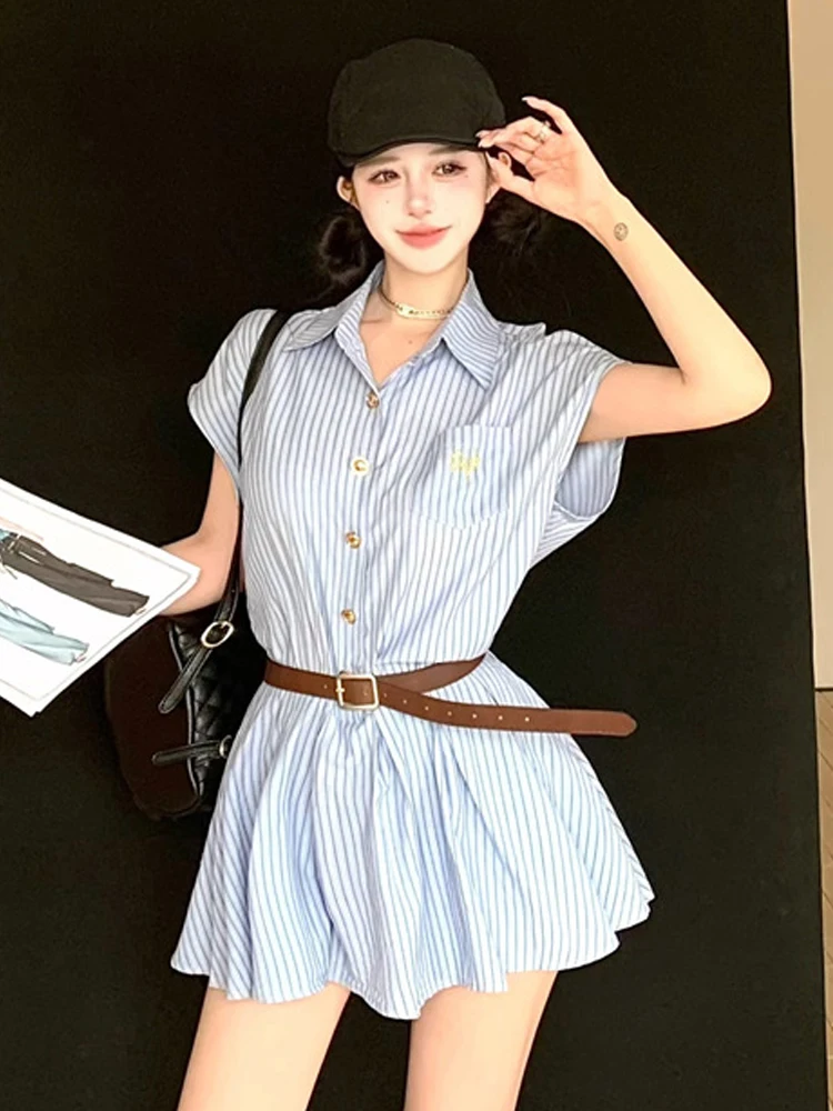 Roupas femininas casual doce solto mini camisa vestido senhora bonito coreano cinto balanço vestido plissado feminino rua diário wear vestido femme