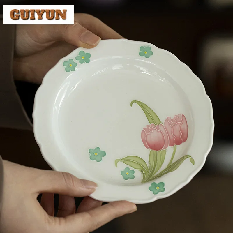 

Hand-painted Tulip Arita Porcelain Pot Bearing Holder Handmade Dry Brew Table Tea Tray Fruit Snack Plate Puer Drinkware Gift