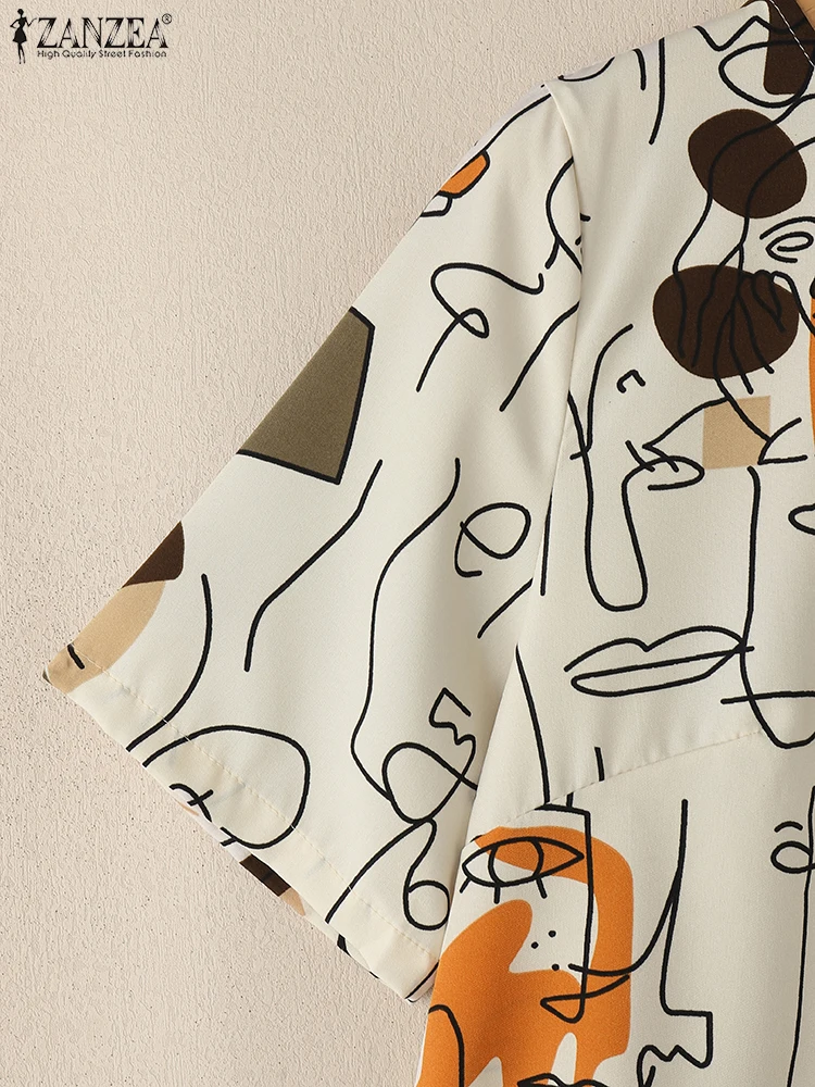 ZANZEA ファッション女性ブラウス日常着 O ネックカジュアル抽象的な顔プリント Blusas Mujer 2025 夏半袖 Tシャツ