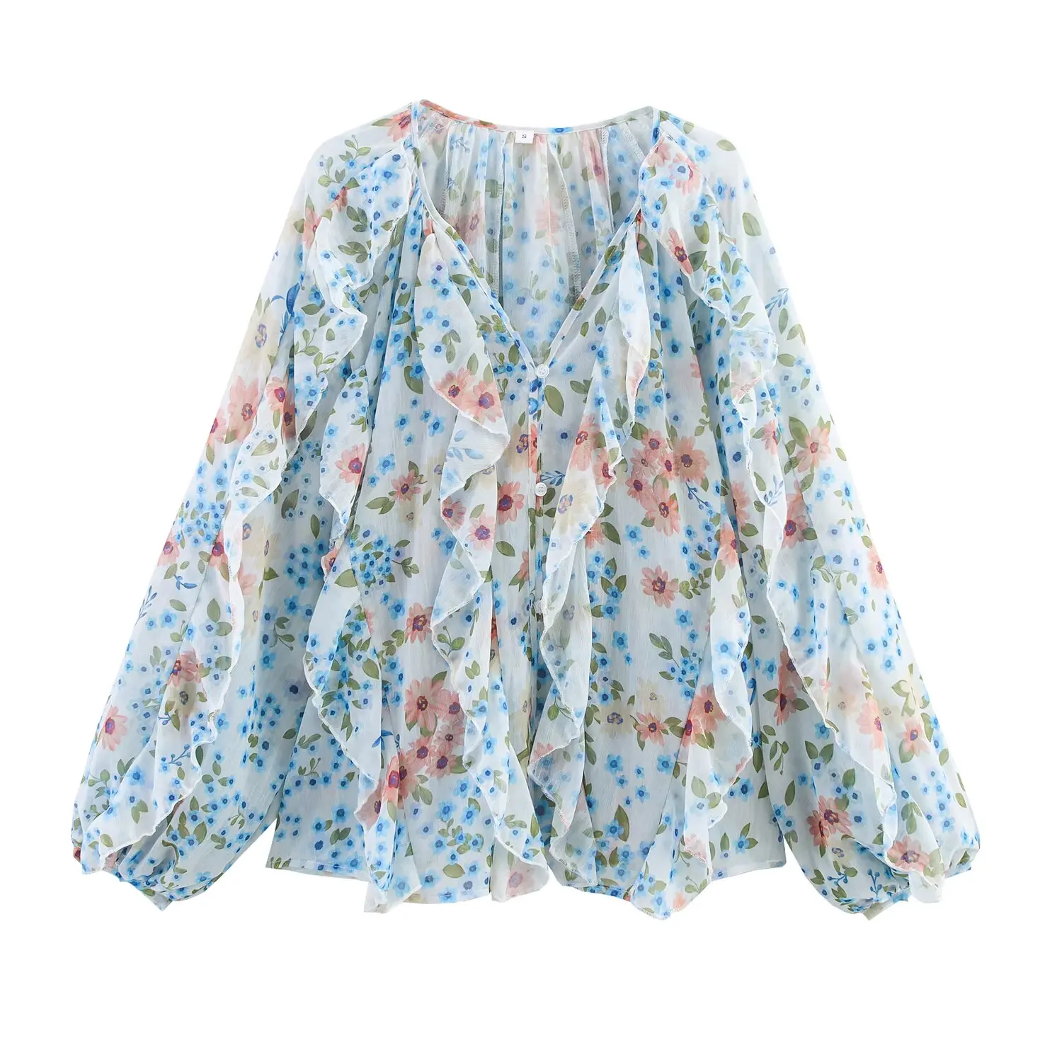 JNLEAOG Women's Printed irt Layered Decorative Design Autumn New Sle V-Ne Long Sve Polyester Fiber Casual Blouse