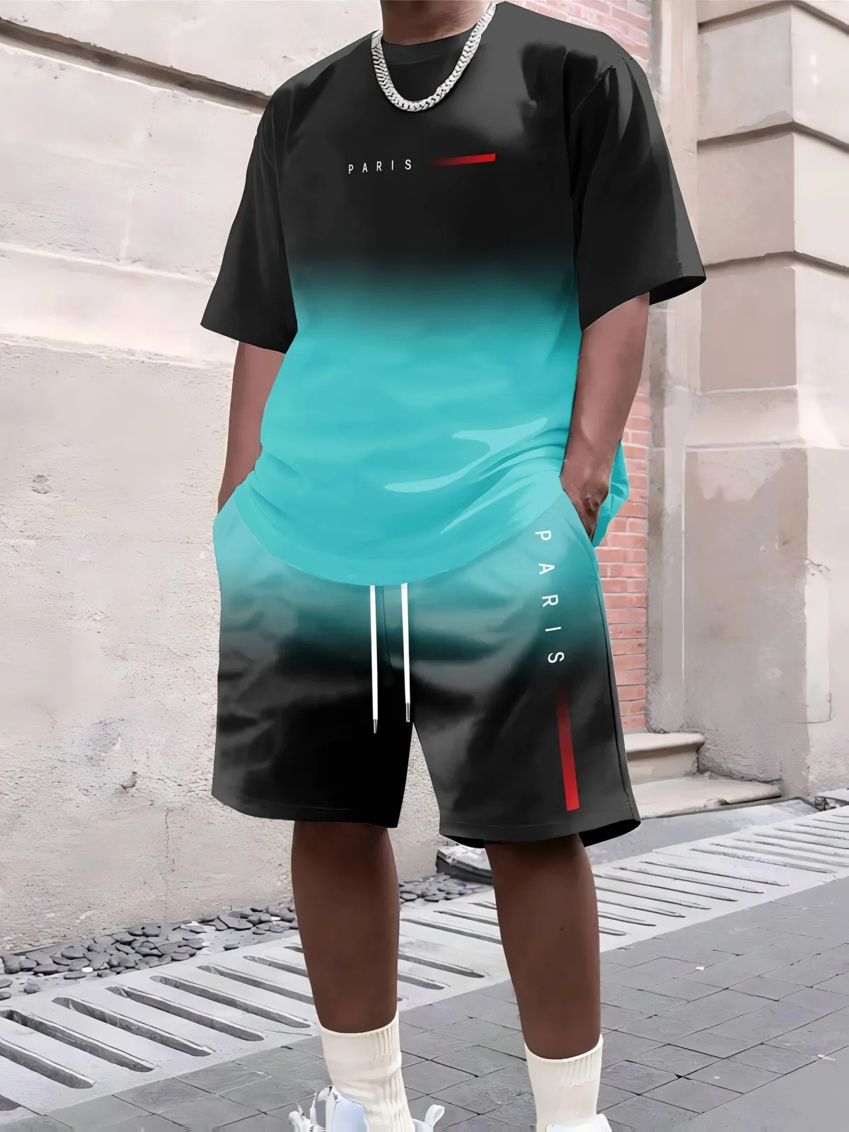 

New summer men's letter printed casual round neck T-shirt and shorts set men's solid color sportswear loose two-piece suit