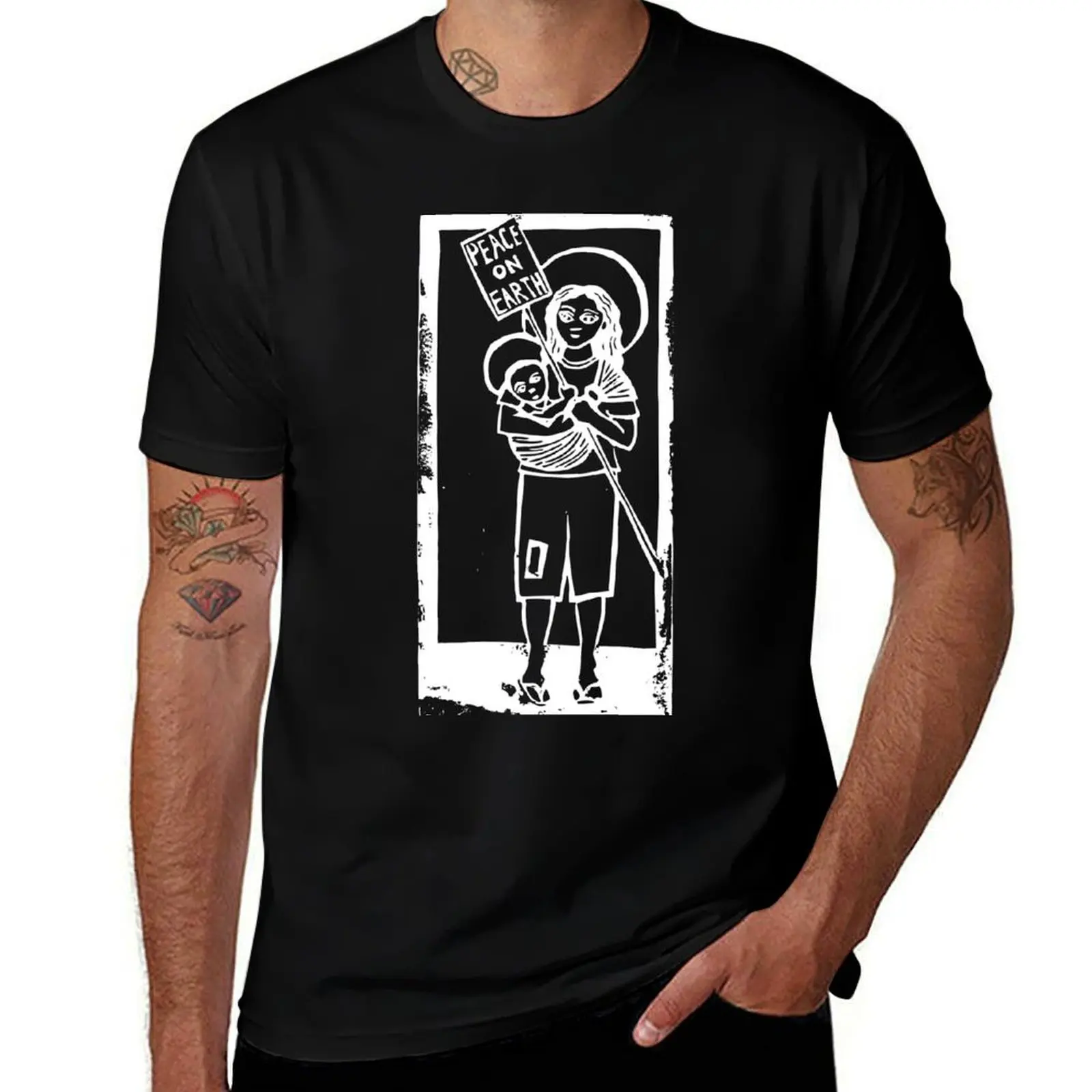 Mary and Jesus Linocut Image WHITE INK T-Shirt Anti-Fade Casual Tee Shirt T-Shirt