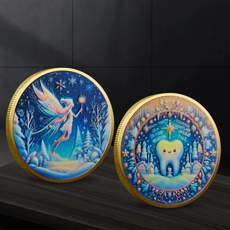 Tooth Fairy Commemorative Coin Golden Plated Snowy Night Tooth Fairy Kids Changing Teeth Collectible Coins Lucky Favors