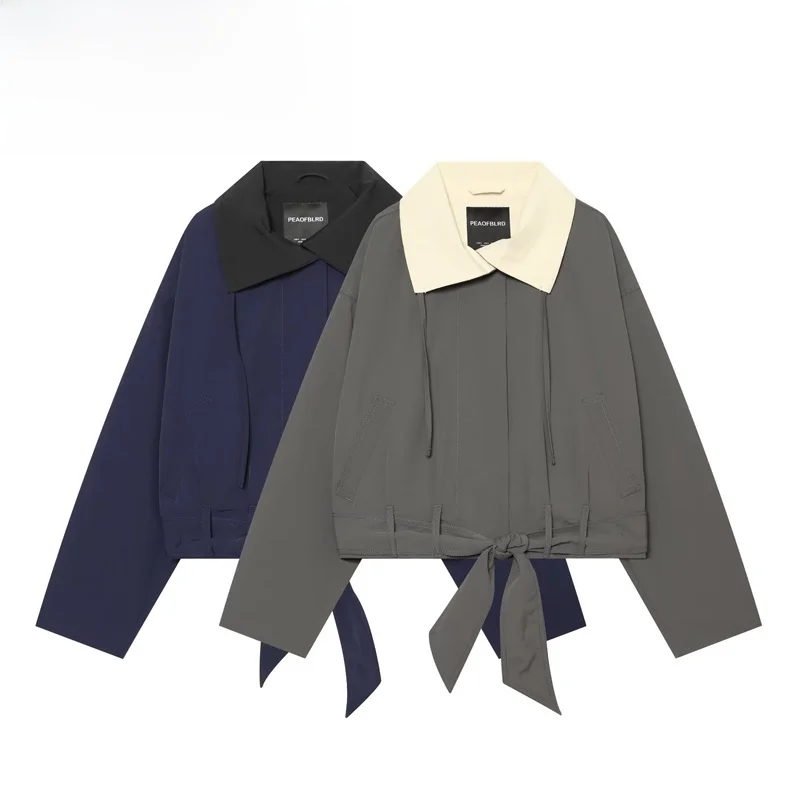 Fashionable Women's Short Coat with Stand Collar And Belt Color Block Versatile Stylish Autumn 2026 Polyester Fiber Long Sleeve