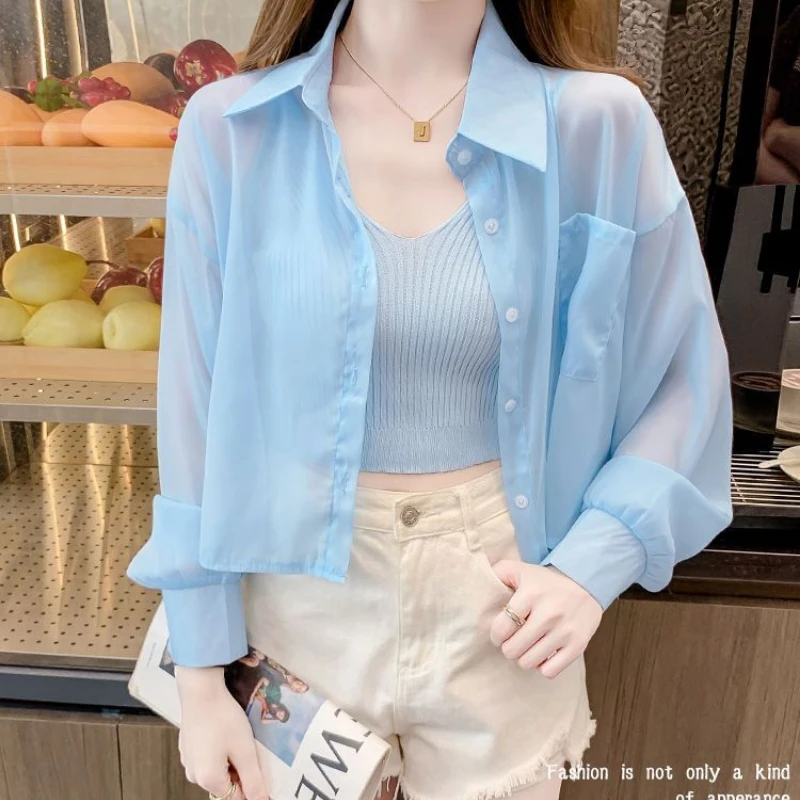 Spring Summer New Turn-down Collar Long Sleeve Solid Color Shirt Women High Street Button Patchwork Cardigan Elegant Thin Tops