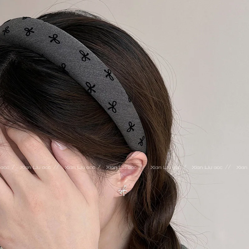 Gray Print Bow Heart Dot Spong Hairband For Women Girl Sweet Hair Ornament Headband Hair Hoop Hair Band Fashion Hair Accessories
