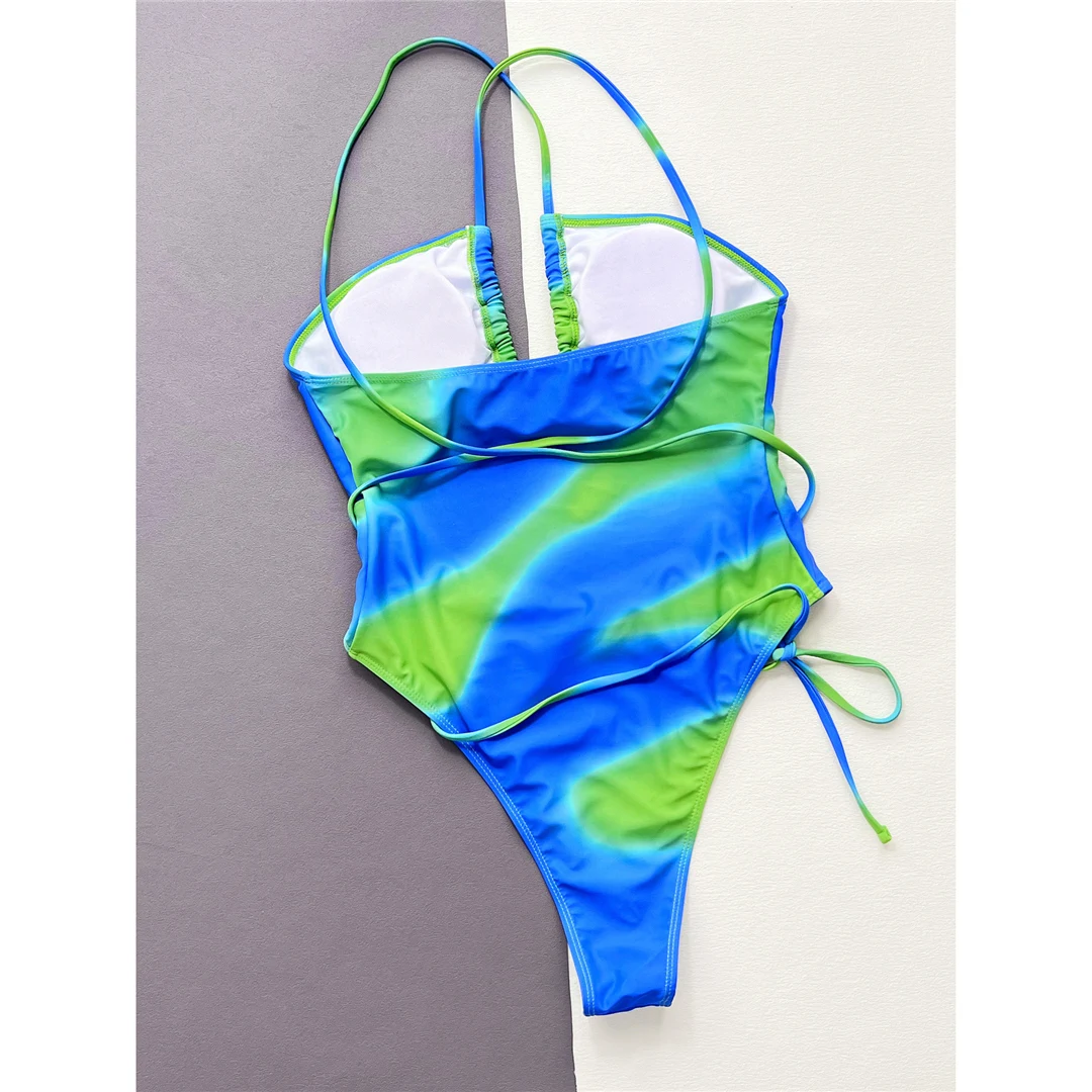 Tie-Dye-Neckholder-Badeanzug mit Wickeldesign und Cut-Outs, einteiliger Badeanzug für Damen, Monokini mit hohem Beinausschnitt, Badebekleidung, Badeanzug, Modell V5048 – Detail 10
