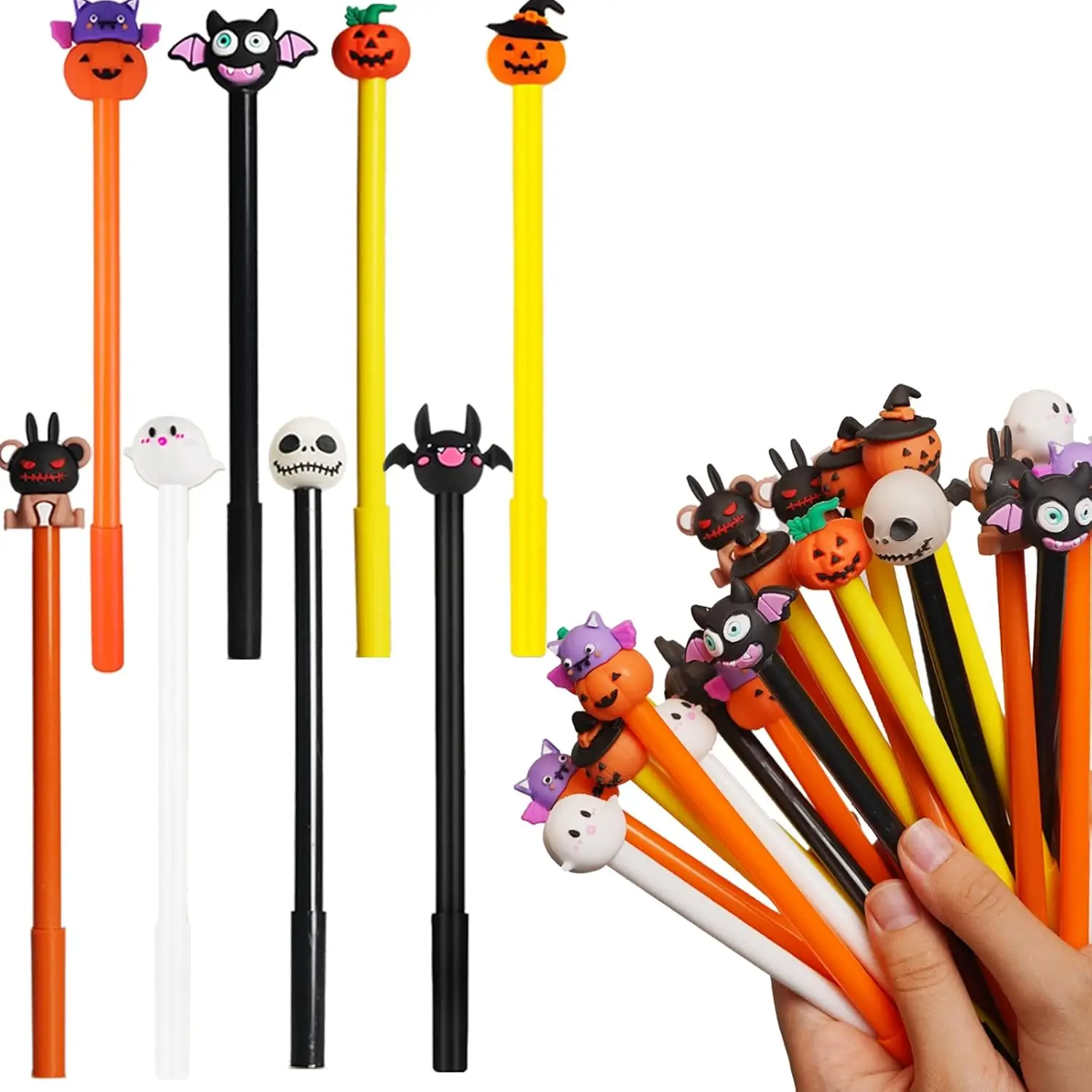 

24 Pcs Halloween Pens 0.5 MM Pumpkin Bat Skull Heads Gel Pen Styles Black Rollerball Bulk for Halloween School Office Supplies