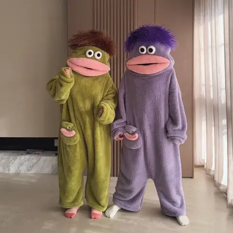 New Big Mouth Monster Cute Funny Onesie Pajamas Thickened Coral Fleece Homewear For Couples Men Women Autumn Cartoon Pajamas