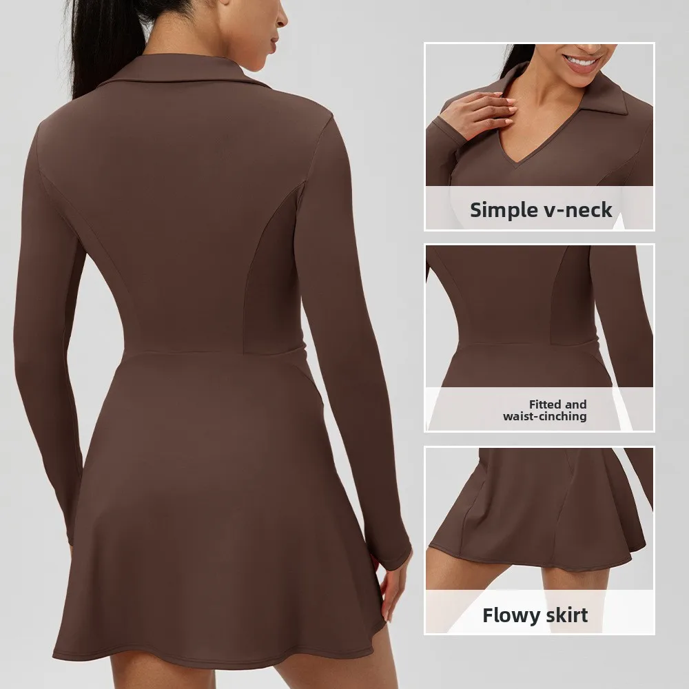 Autumn European  American long-sleeved lapel tennis dress quick-drying waist-cinching slimming sexy V-neck sporty casual dress