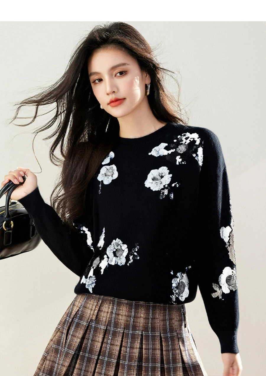 Suéter de punto de manga larga con cuello redondo para mujer, diseño Floral, lentejuelas con cuentas, Top elegante para otoño e invierno