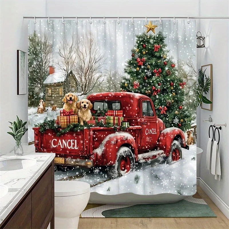 Festive Red Vintage Pickup Truck Shower Curtain - Christmas Decor with Two Cheerful Golden Retrievers