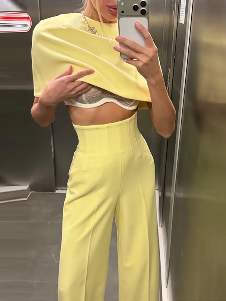 Damen-Hosenanzüge Kurze Cape-Oberteile Revers Langarm Taillierter Blazer Hochgeschnittene Hosen Schicke Büro-Damenanzüge Neu – Detail 4