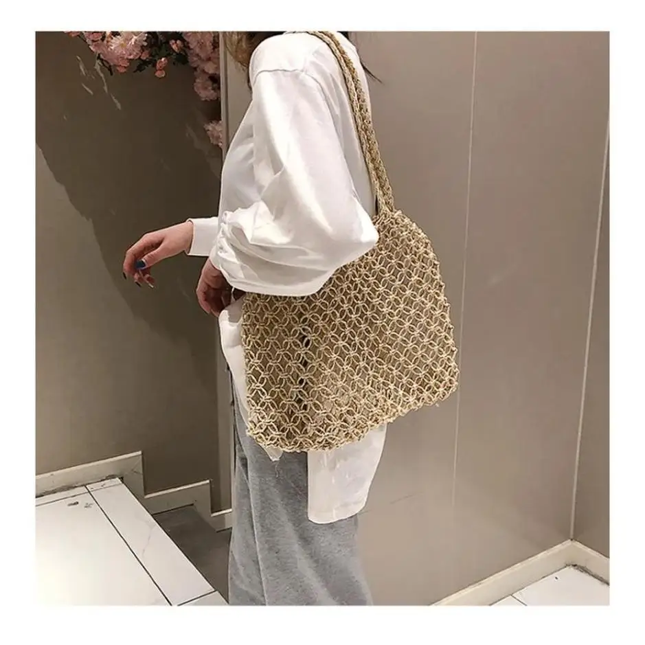 2026 New Hollowed Out Wind Cotton Woven Beach Bag 1Pcs One Shoulder Portable Fishing Net Bag Leisure Vacation Tourism Handbag