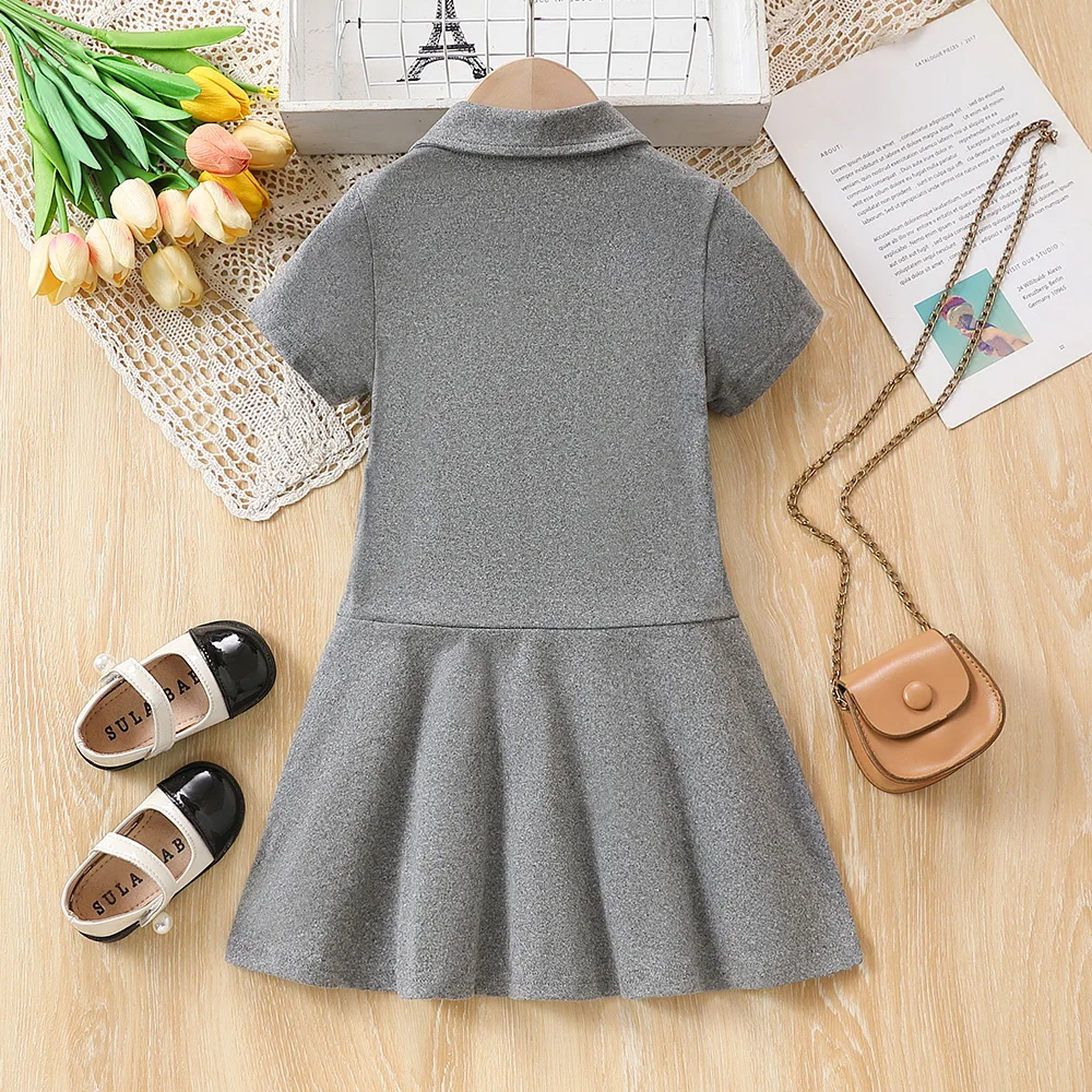 Toddler Girl Dress Summer Short Sleeves Gray Preppy Dress Uniform Pique Polo Dress for Little Girls