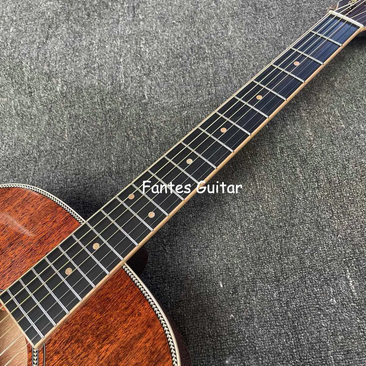 Custom Fantes Guitar Full Mahogany Wood Back Side 40 Inch OM Style Acoustic Guitar with Herringbone Binding