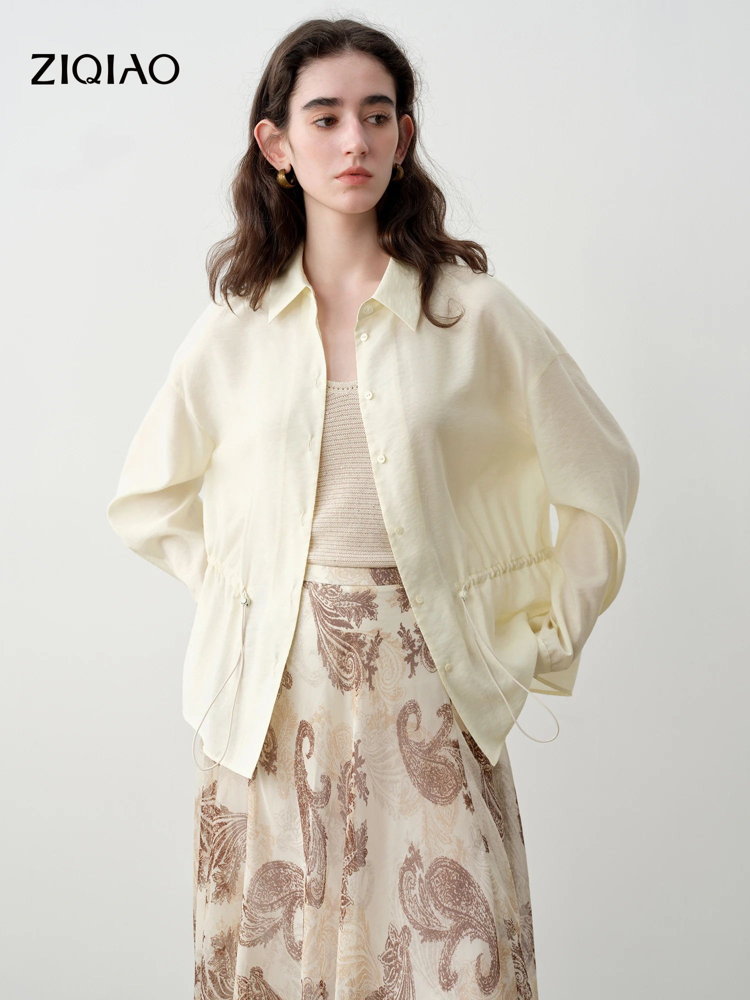 

ZIQIAO 2026 Summer Women's French-Inspired Waist-Defining Shirt - Elegant Casual Blouse for Office and Daily Wear