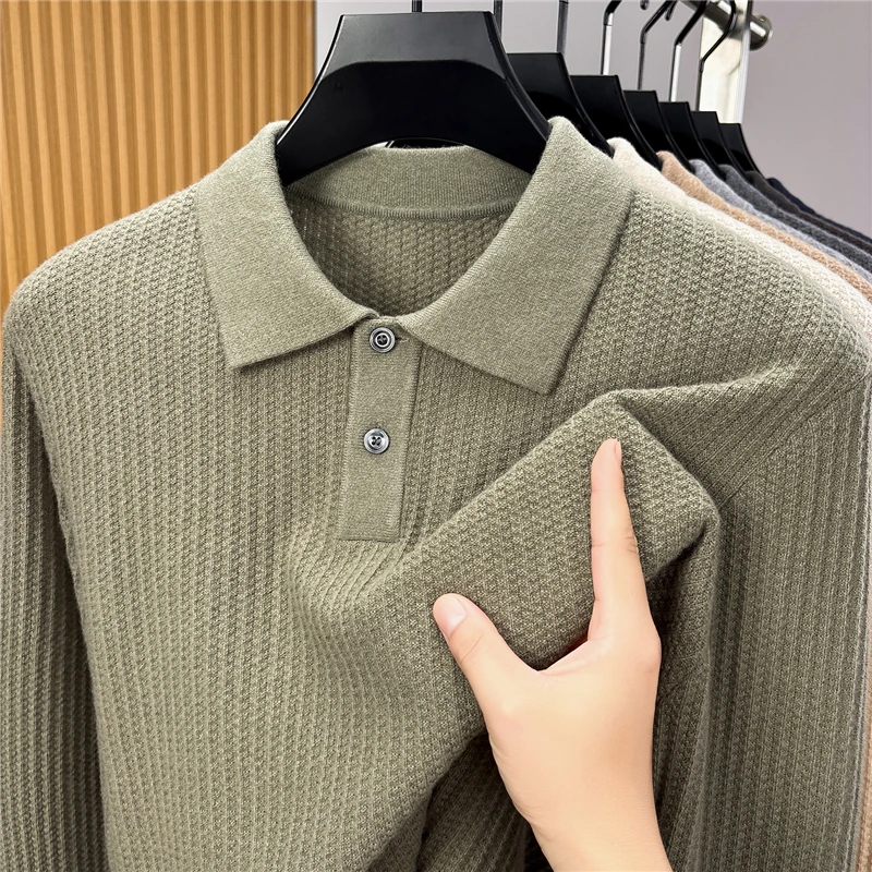 Good Cashmere Wool Polo Shirt for Men Autumn Winter Classic Warm Sheep Wool Clothes Long Sleeve Soft  Knitting Tops Pullover