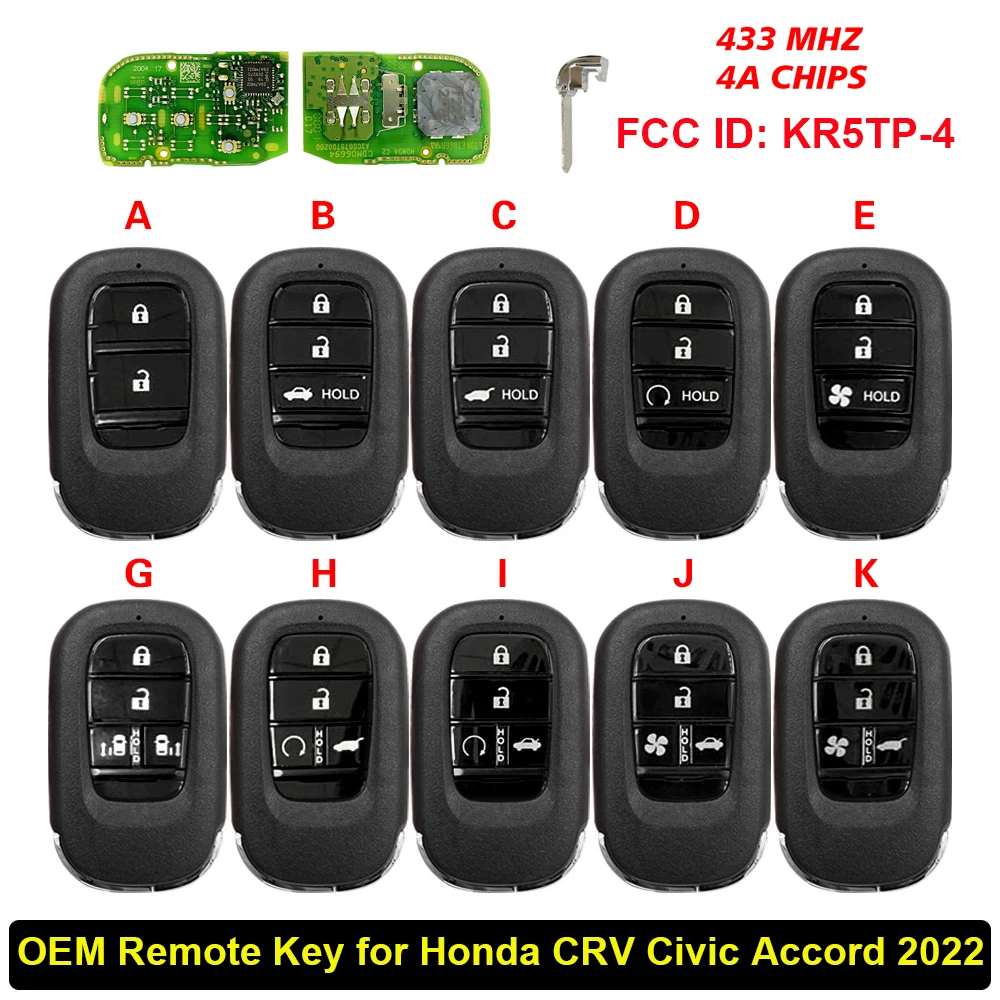 

CN003155 2/3/4/5B OEM Smart Car Remote Key Fob for Honda CRV Civic Accord 2022 Keyless Go 433MHZ 4A Chip FCC ID: KR5TP-4