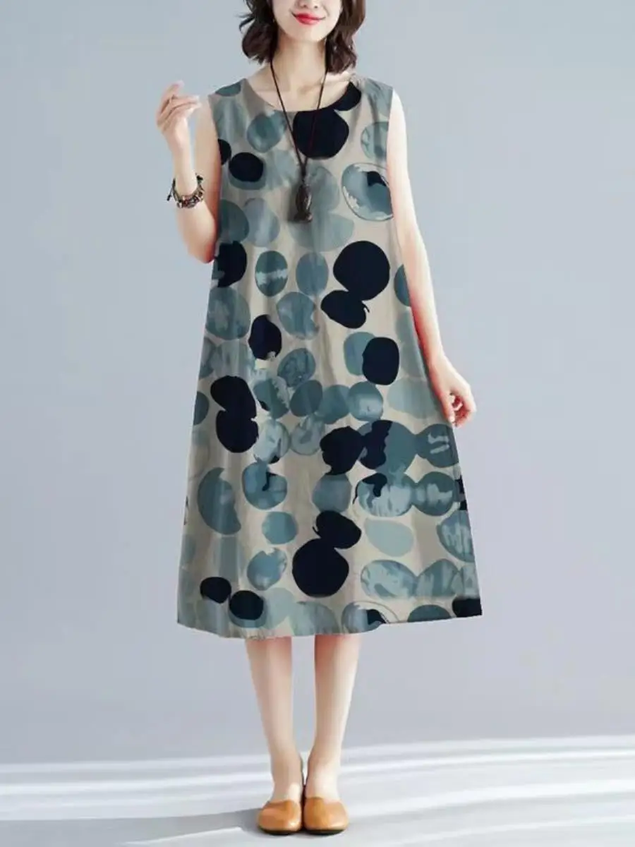 Vestido Maxi Estampado Estilo Étnico Novo Verão 2025, Sem Mangas, Com Colarinho Traseiro para Mulheres, Moda Empresarial para...