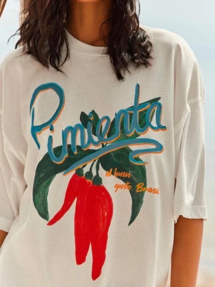 Vintage Chili Pepper Pimenta Graphic Tees Tops Cotton Short Sleeve Aesthetic Women T-Shirt Botanical Brazilian Female Clothing