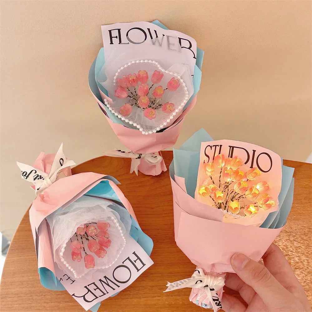 

Handmade Mini Flower Bouquets Lamp Night Light Tulips Bouquet DIY Material Bag Beautiful Bouquet Bags Fashion Gift Giving Props