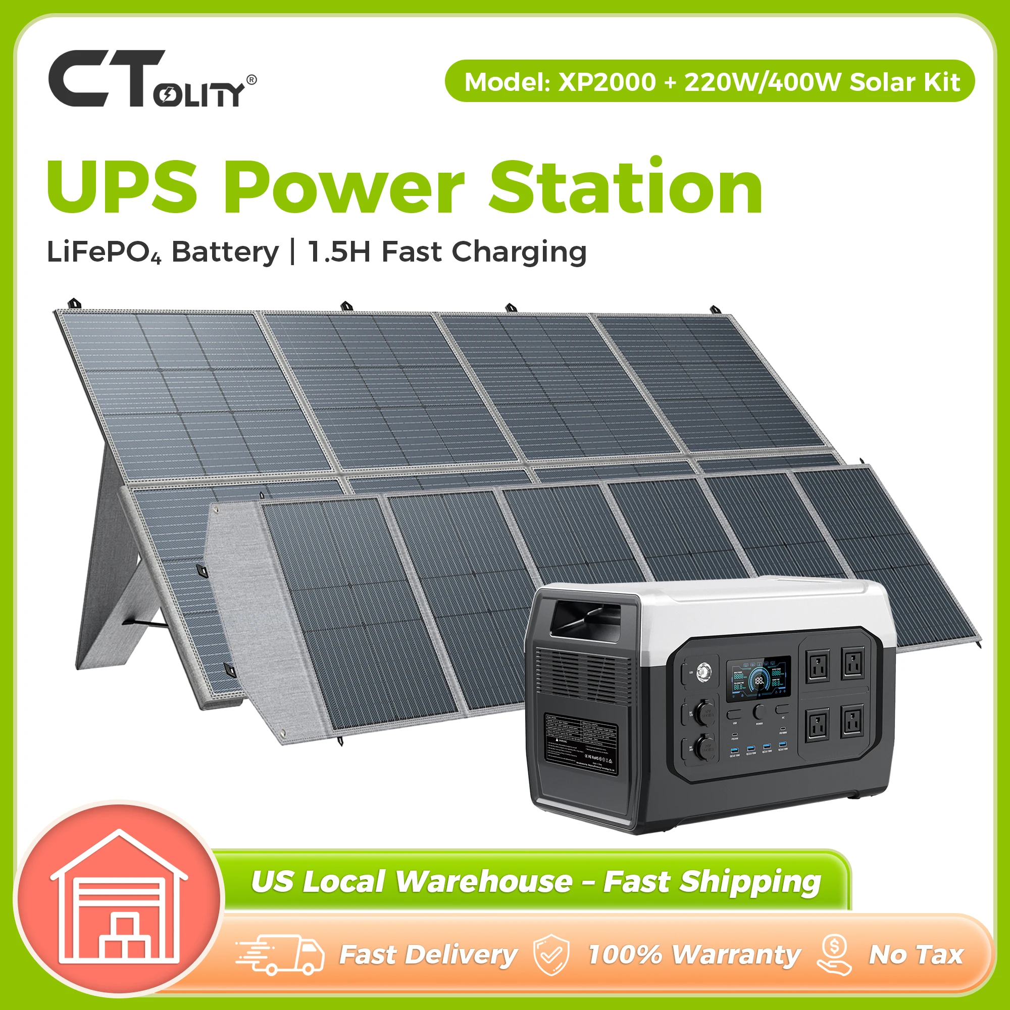 CTOLITY 1800W Camping Portable Power Station Outdoor 1024Wh Lifepo4 AC Outdoor Solar Generator 220W 20.5V/ 400W 41V Flexible Solar Panel