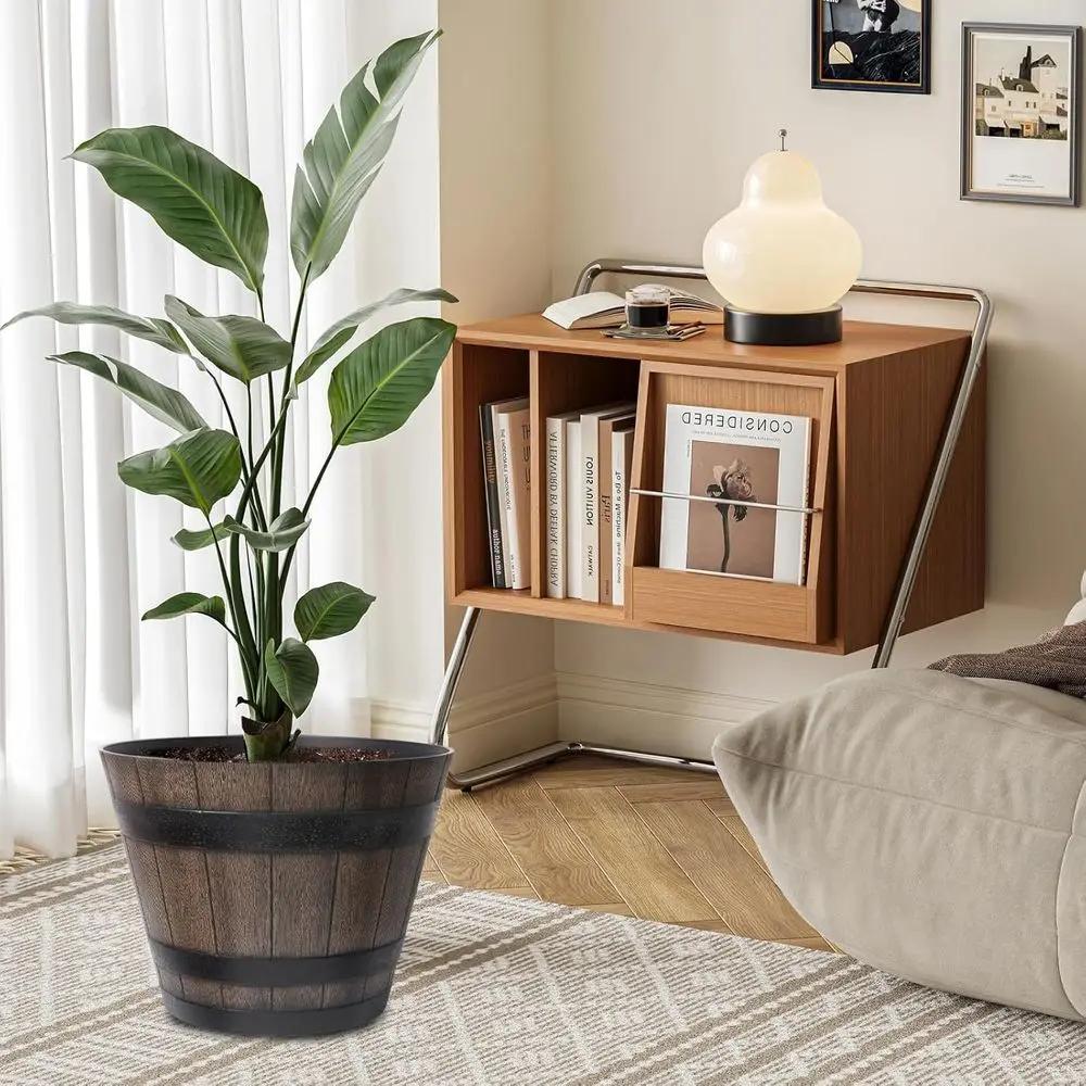 Large Plant Pots, 22.25 Inch 2 Pack Plastic Whiskey Barrel Planters, Big lower Pots Wine Barrel Design or Outdoor Indoor, Garden
