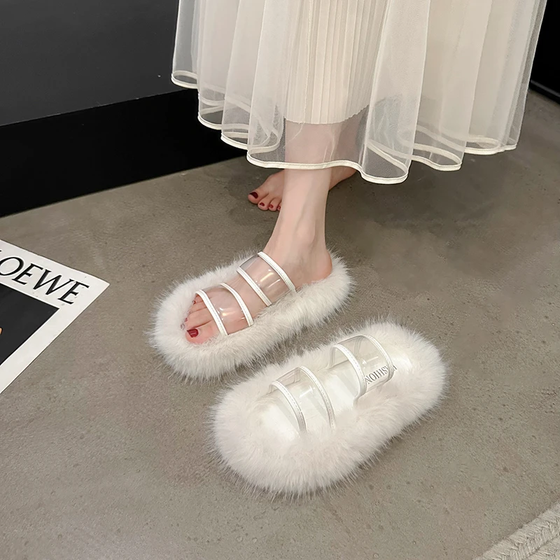 Faux Fur Home Cotton Shoes 2024 New Slippers Women Winter Warm and Soft Platform Slippers Women Flat Ladies Shoes