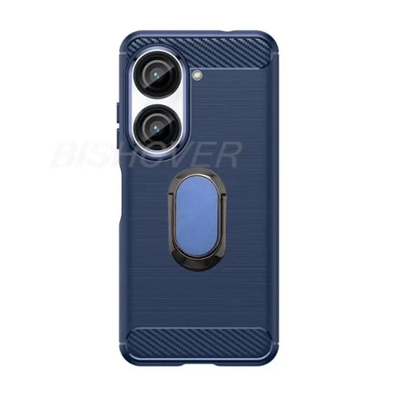 Brushed Carbon Fiber Silicone Shockproof Case For ASUS Zenfone 9 5.9”Zenfone9 AI2202-1A006EU Magnetic Ring Phone Cover