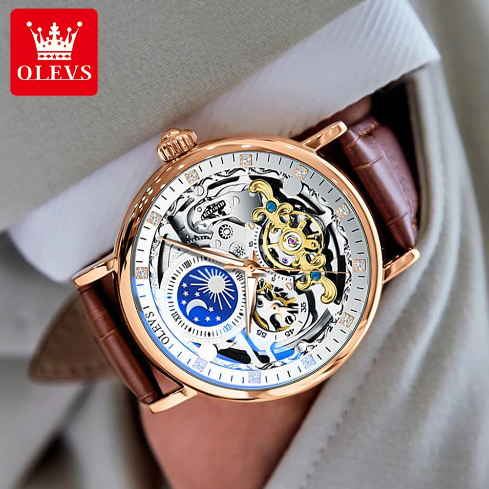 OLEVS Brand 2024 Fashion Moon Phase Skeleton Mechanical Watch for Men Sport Leather Waterproof Luxury Tourbillon Watches Mens