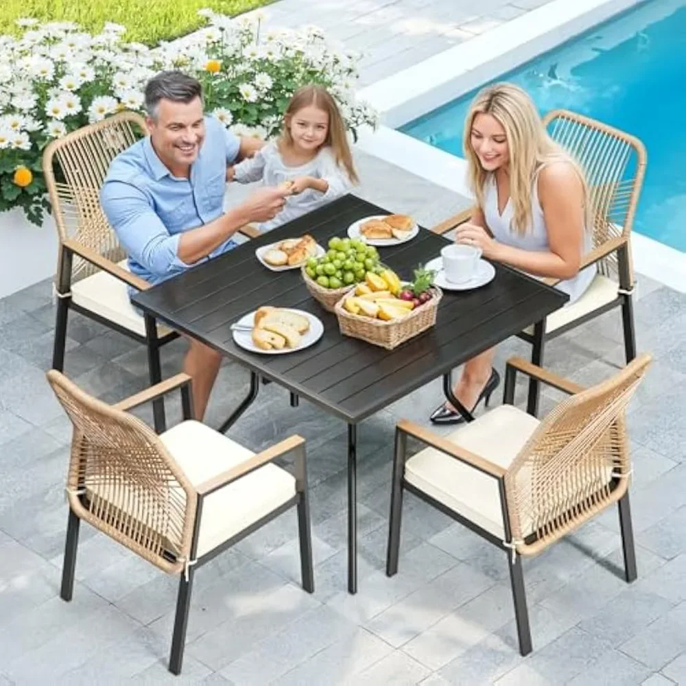 

Outdoor Patio Dining Set, 5 Pieces Rattan Table and Chairs Set, with Cushion and Umbrella Hole, Outdoor Patio Furniture Sets