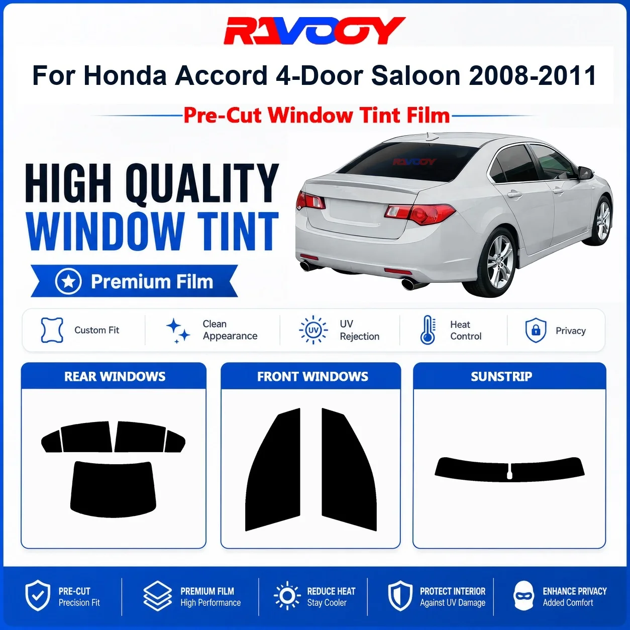 Premium Pre-Cut Window Tint For Honda Accord 4-Door Saloon 2008-2011 Front & Rear Windows UV Heat Rejection Privacy Film