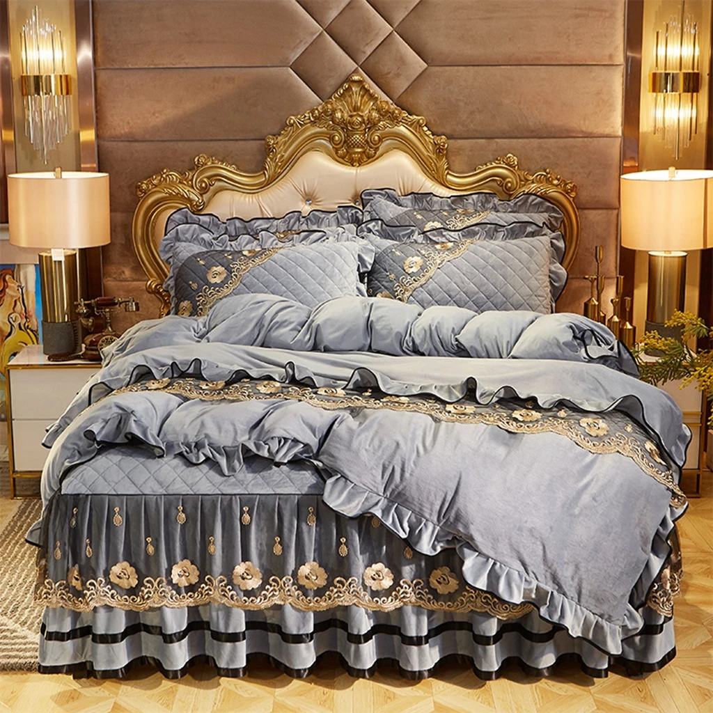 For Home or Hotel Use Luxury Quality King-Size Bedding Set with Lace Embroidery Includes Fitted Covers Bed Skirt Pillow Case