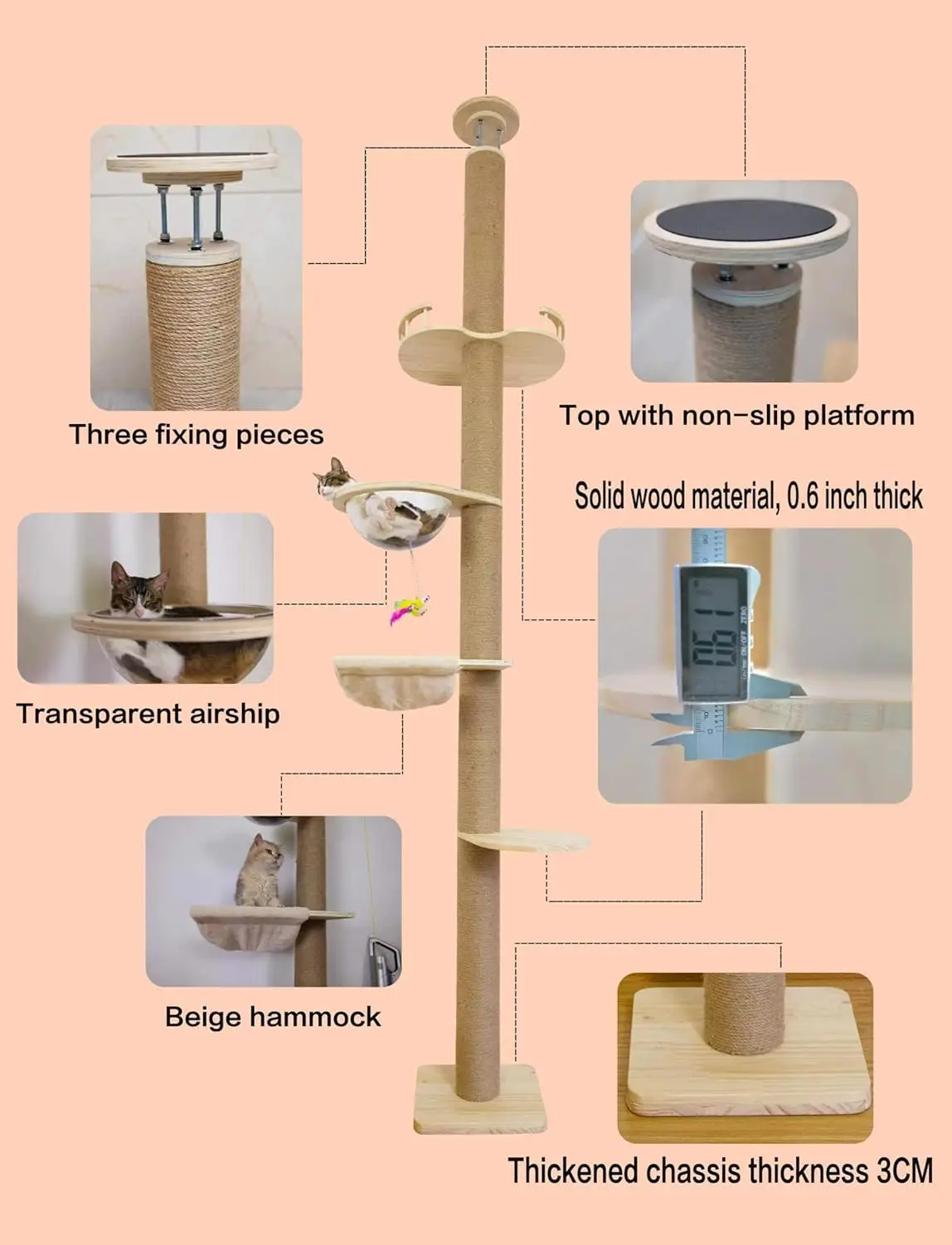 Árbol para gatos de piso a techo, cuerda de Sisal Natural, poste rascador, altura: 55.52-118,5 pulgadas, árbol para gatos ajustable, actividad moderna para gatos