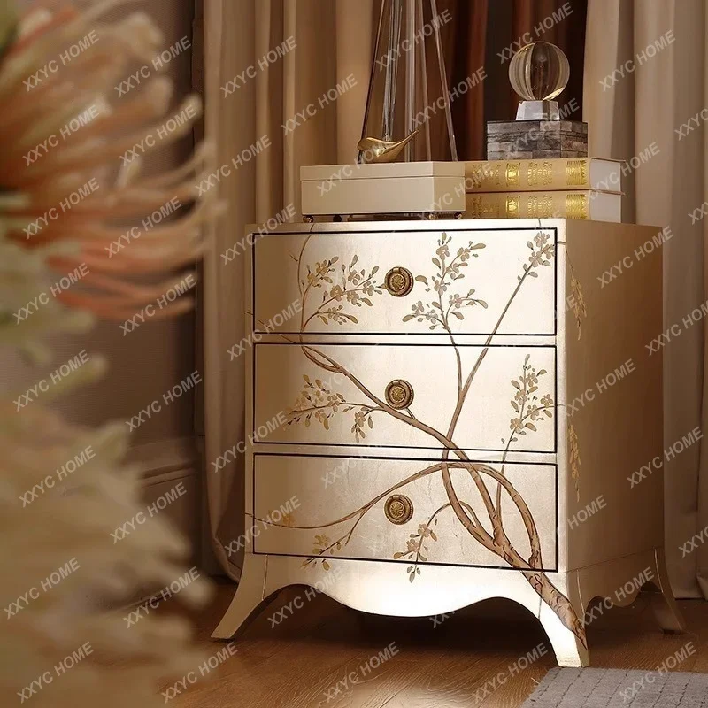

Light luxury household bedroom solid wood carving flower locker with drawer bedside cabinet