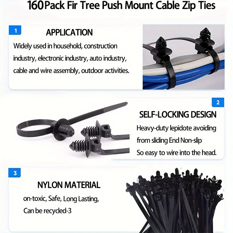160Pcs Universal Nylon Push Mount Cable Zip Tie, Nylon Self Locking Cable Strap, 5 Most Popular Sizes