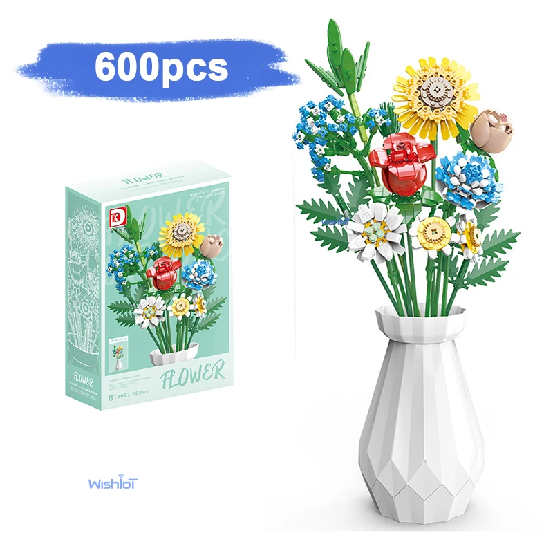 

Preserved Rose Sunflower Building Set with Vase Children Educational Building Block Toy DIY Home Decor Birthday Gift