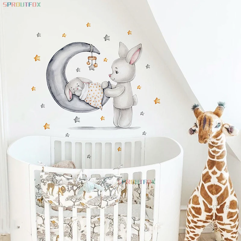 Baby Bunny Sleeping on the Moon Wall Stickers for Kids Rooms Living Room Home Wallpaper Cartoon Rabbit Stars Good Night Stickers